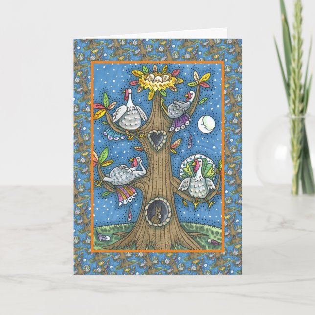 TURKEY TREE, THANKSGIVING FUNNY GOBBLERS ROOSTING HOLIDAY CARD (Front)
