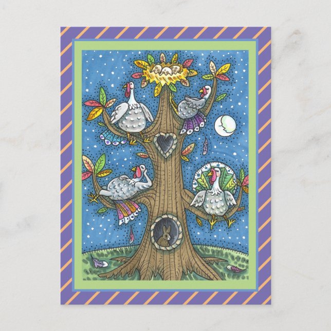 TURKEY TREE, THANKSGIVING FUNNY GOBBLERS ROOSTING HOLIDAY POSTCARD (Front)