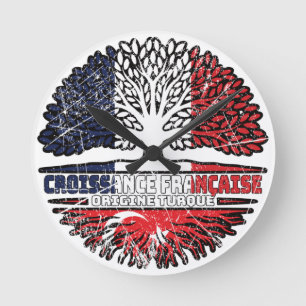 Turkey Turkish French France Tree Roots Flag Round Clock