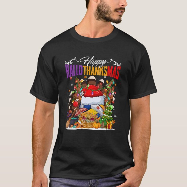 Turkey Witch Volleyball Ball Xmas Lights HalloThan T-Shirt (Front)
