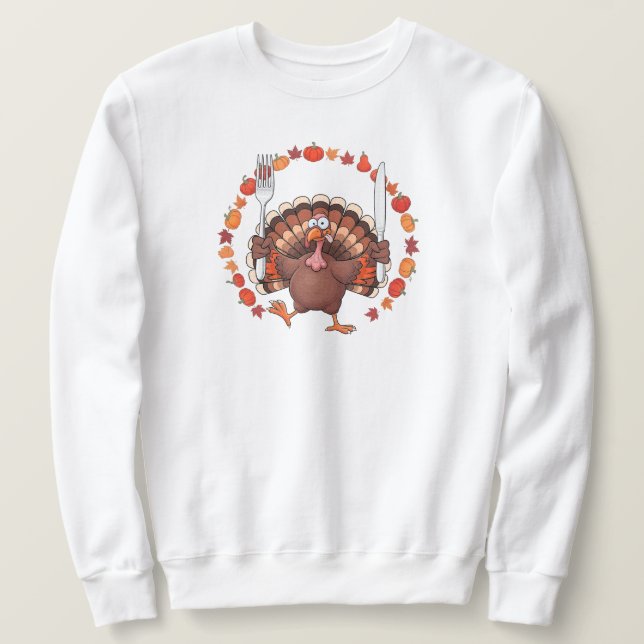 Turkey with Fork & Knife | WHITE ONLY Sweatshirt (Design Front)
