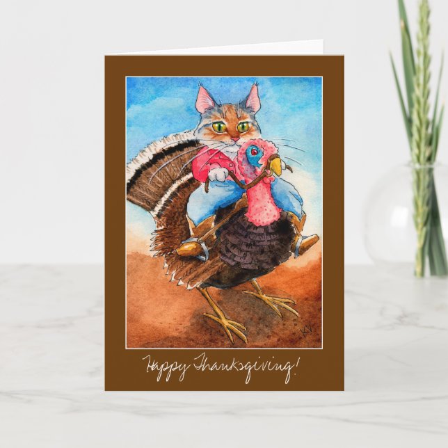 Turkey-wrangler cat Thanksgiving card invitation (Front)