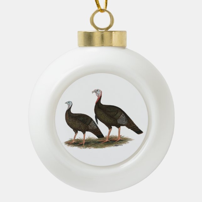 Turkeys Eastern Wild Pair Ceramic Ball Christmas Ornament (Front)