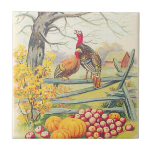 Turkeys Farm Pumpkin Apples Tree Fall Leaves Tile