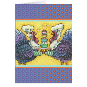 TURKEYS IN KITCHEN THANKSGIVING GREETING CARD Vers