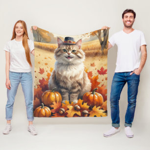 Turkish Angora Cat Autumn Leaves Thanksgiving Art Fleece Blanket