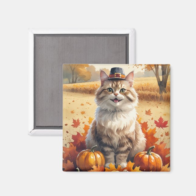 Turkish Angora Cat Autumn Leaves Thanksgiving Art Magnet (Front/Back)