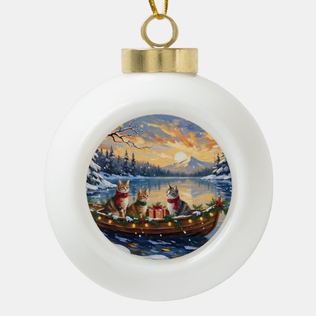Turkish Angora Cat Christmas Boat Holiday Ceramic Ball Christmas Ornament (Front)