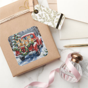 Turkish Angora Cat Christmas Red Truck Holiday Square Sticker