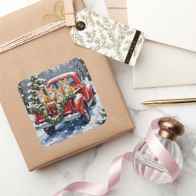 Turkish Angora Cat Christmas Red Truck Holiday Square Sticker (Gifting)