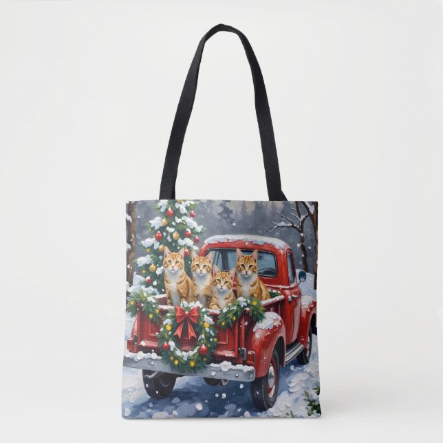 Turkish Angora Cat Christmas Red Truck Holiday Tote Bag (Front)