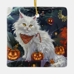 Turkish Angora Cat Halloween Spooky Ceramic Ornament