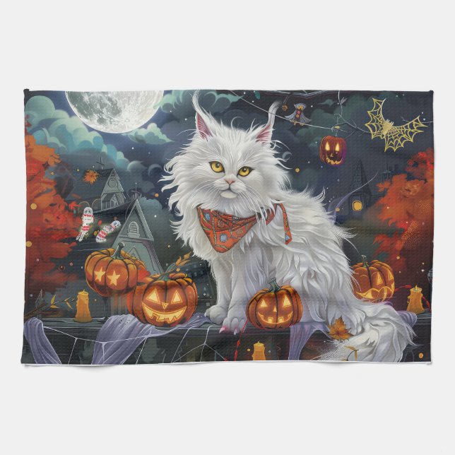 Turkish Angora Cat Halloween Spooky Tea Towel (Horizontal)