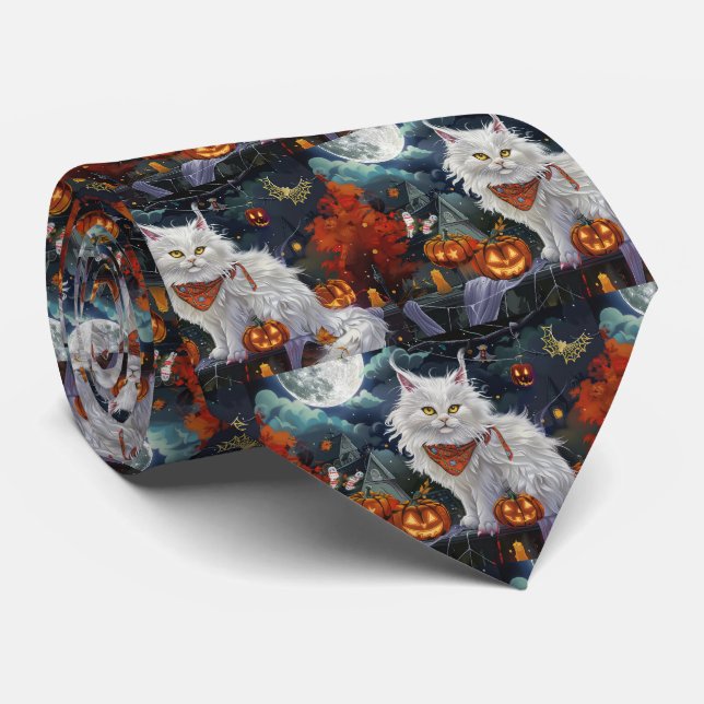Turkish Angora Cat Halloween Spooky Tie (Rolled)
