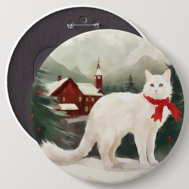 Turkish Angora Cat in Snow Christmas 6 Cm Round Badge (Front & Back)