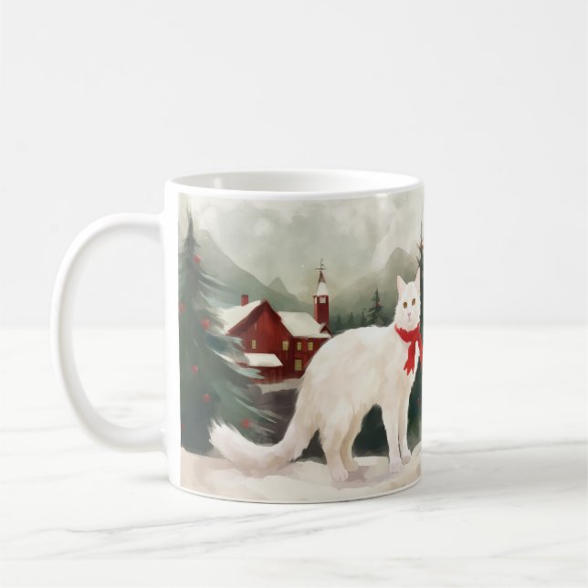 Turkish Angora Cat in Snow Christmas Coffee Mug (Left)