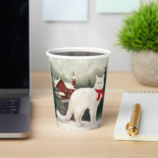 Turkish Angora Cat in Snow Christmas Paper Cups (Insitu)