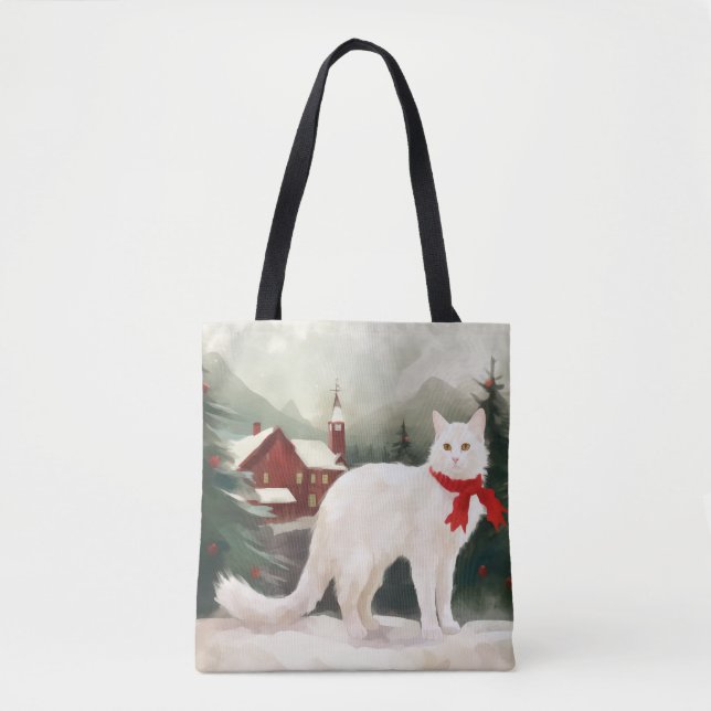 Turkish Angora Cat in Snow Christmas Tote Bag (Front)