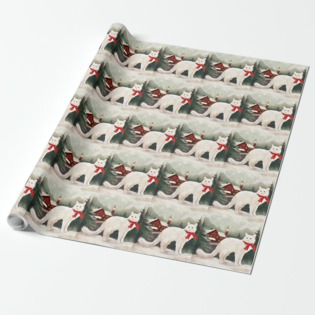 Turkish Angora Cat in Snow Christmas Wrapping Paper (Unrolled)