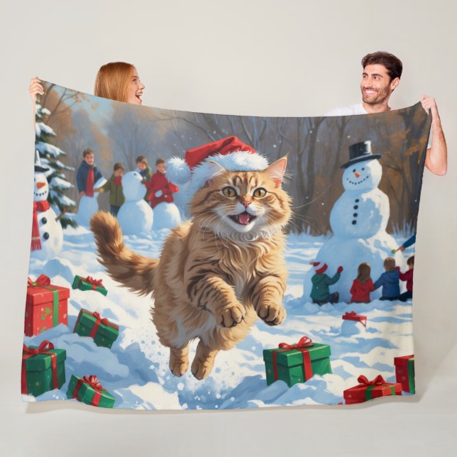 Turkish Angora Cat Running in Snow Christmas Hat Fleece Blanket (In Situ)