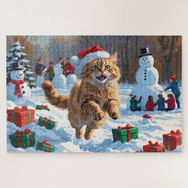 Turkish Angora Cat Running in Snow Christmas Hat Jigsaw Puzzle (Horizontal)