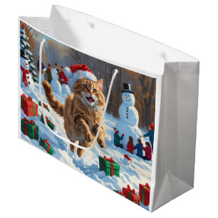Turkish Angora Cat Running in Snow Christmas Hat Large Gift Bag