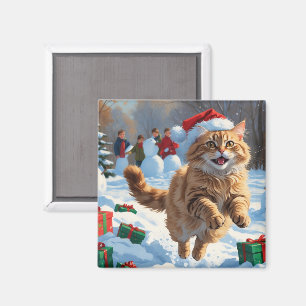 Turkish Angora Cat Running in Snow Christmas Hat Magnet