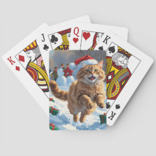 Turkish Angora Cat Running in Snow Christmas Hat Playing Cards