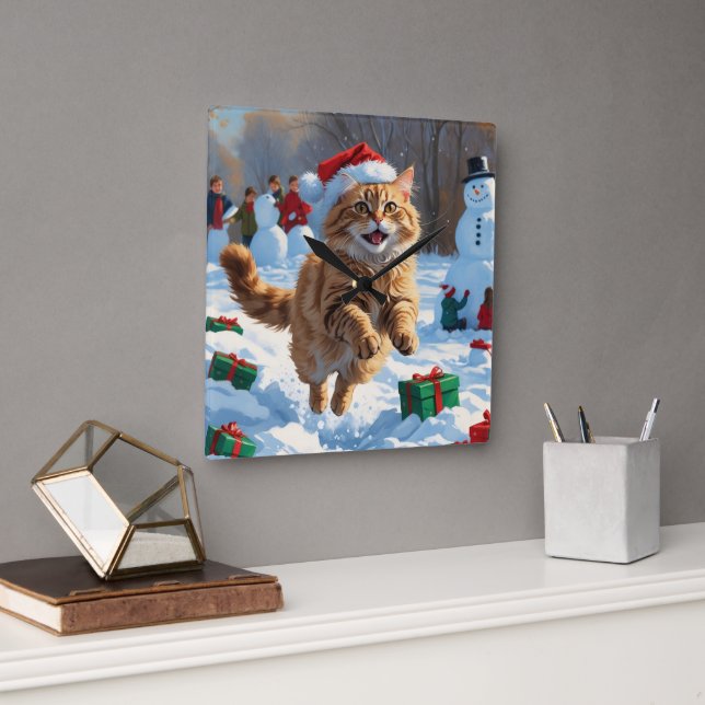 Turkish Angora Cat Running in Snow Christmas Hat Square Wall Clock (Office)
