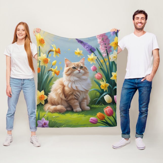 Turkish Angora Cat Spring Flowers Painting Fleece Blanket (In Situ)