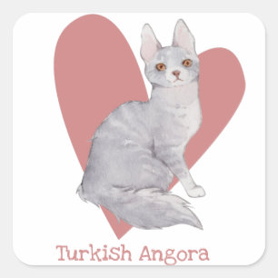 Turkish Angora Cat Watercolor Kitty Pink Heart Square Sticker