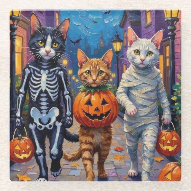 Turkish Angora Cats In Halloween Costumes Glass Coaster (Front)