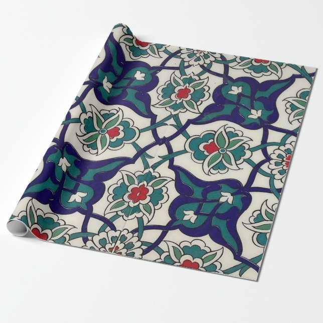 Turkish Blue Ceramic Floral Wrapping Paper (Unrolled)