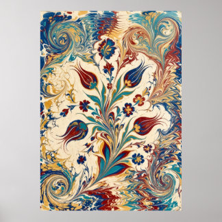 Turkish Ebru Marbled Floral Swirl Art Poster