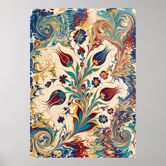 Turkish Ebru Marbled Floral Swirl Art Poster (Front)