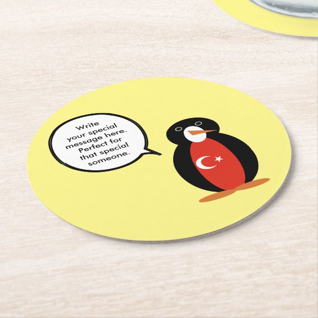 Turkish Flag Talking Ms. Penguin Personalised  Round Paper Coaster (Angled)