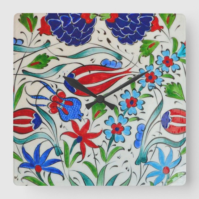 Turkish floral design square wall clock (Front)