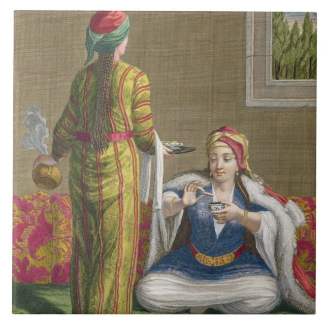 Turkish Girl, having coffee on the sofa, 18th cent Tile (Front)
