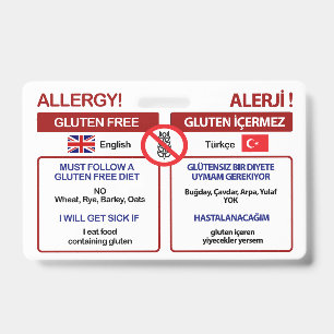 TURKISH Gluten Free Travel Card   Allergy Badge ID Badge