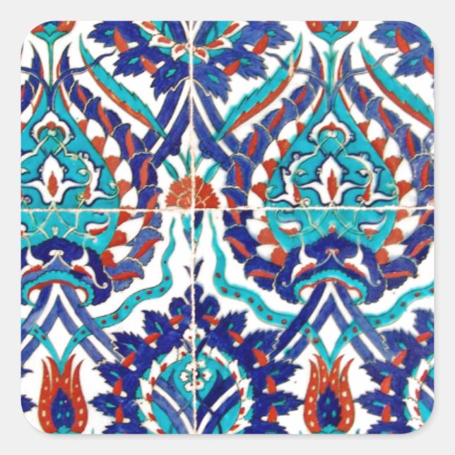 Turkish Iznik Ottoman Floral Design Pattern Square Sticker (Front)