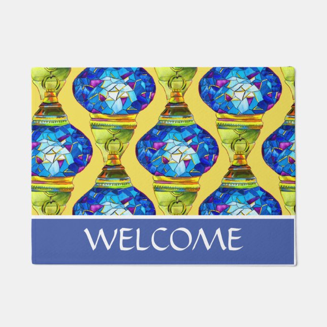 Turkish lamps blue mosaic watercolor art doormat (Front)