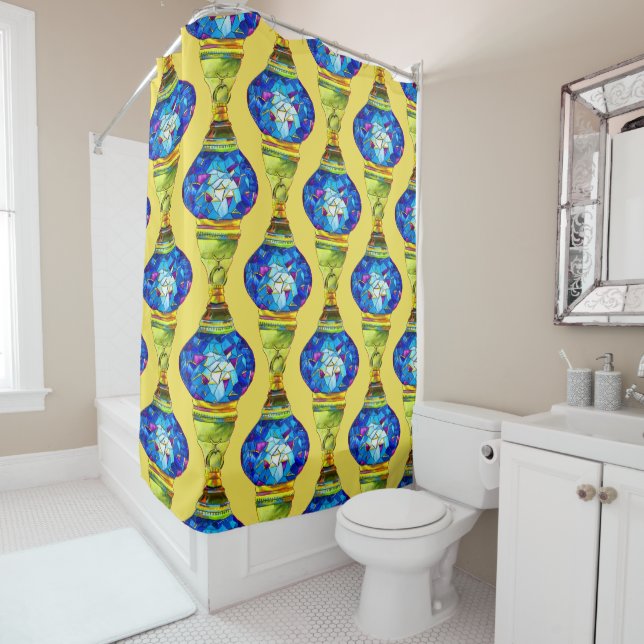 Turkish lamps blue mosaic watercolor art shower curtain (In Situ)
