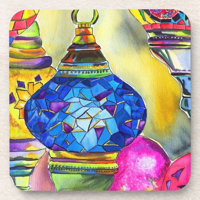 Turkish lamps mosaic watercolor fine art coaster (Front)