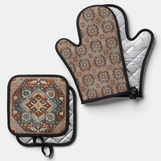 Turkish Modern Beautiful Old Pattern Collection Oven Mitt & Pot Holder Set (Front/Back)