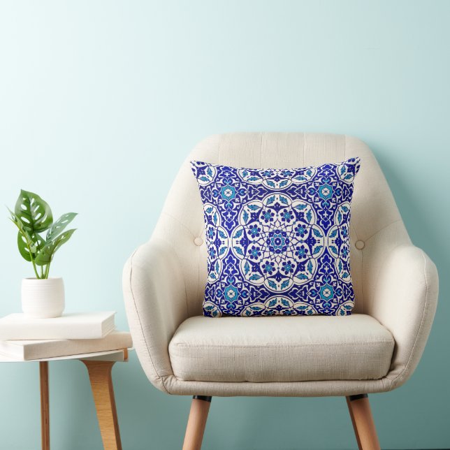 Turkish Ottoman Blue White Tile Motif Decoration Cushion (Chair)