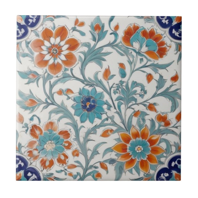 Turkish Ottoman Floral Blue Orange Green Flowers Tile (Front)