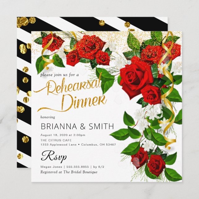 Turkish Roses Rehearsal Dinner Calligraphy Invitation (Front/Back)