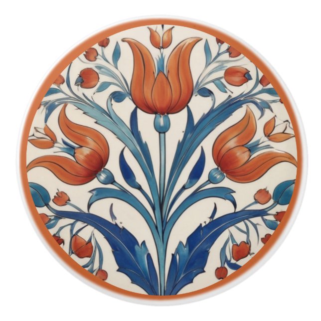 Turkish Tulips Floral Orange Green Iznik Flowers Ceramic Knob (Front)