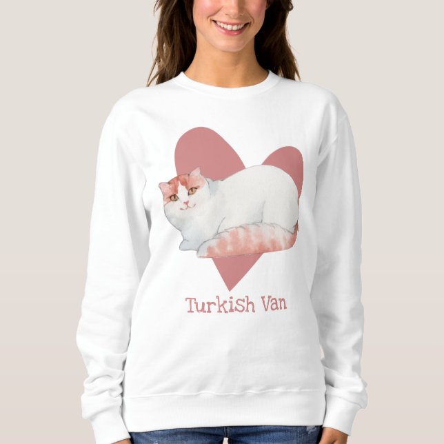 Turkish Van Cat Watercolor Kitty Pink Heart Sweatshirt (Front)