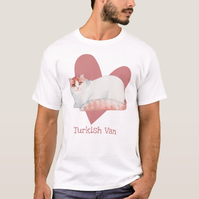 Turkish Van Cat Watercolor Kitty Pink Heart T-Shirt (Front)
